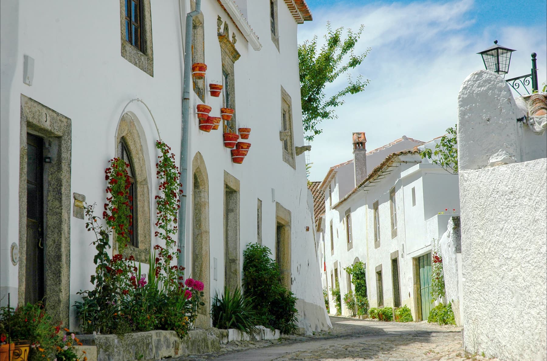 A cobbled lane of whitewashed houses hung with terracotta flowerpots in an Alentejo hilltop village