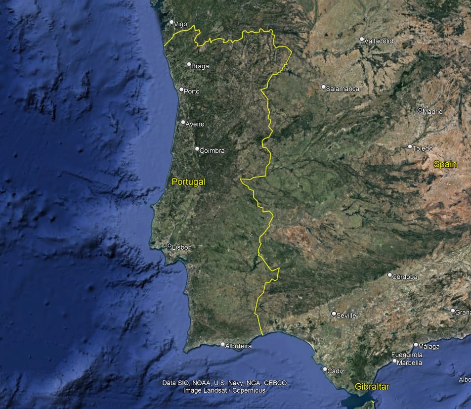 Satellite map of the Iberian Peninsula with the Portugal–Spain border marked in yellow